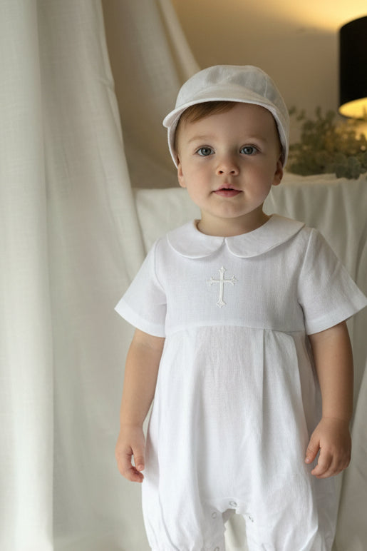 Linen Baptism 3/4 length jumpsuit with optional cardigan and embroidery