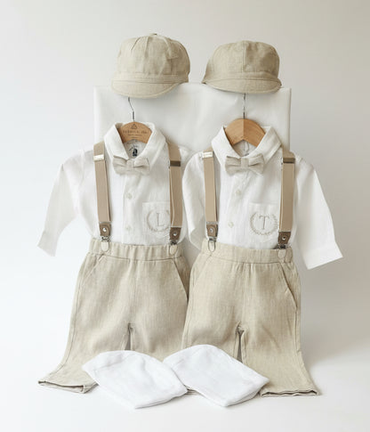 Beige linen pants and shirt set with bowtie and suspenders and optional personalisation