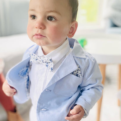 Boys pale blue and white set with vest, pants, linen shirt, bowtie and suspenders, plus optional jacket cap and shoes