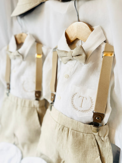Beige linen pants and shirt set with bowtie and suspenders and optional personalisation