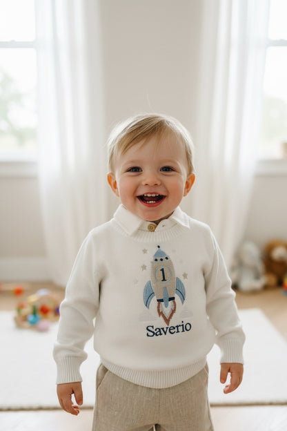 Birthday outfit with cotton onesie and embroidered jumper and linen pants