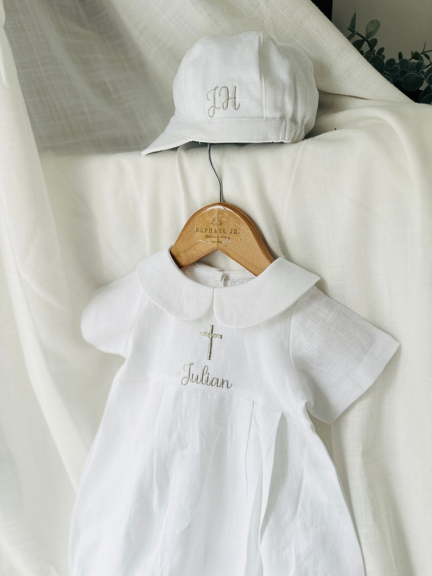 Linen Baptism 3/4 length jumpsuit with optional cardigan and embroidery