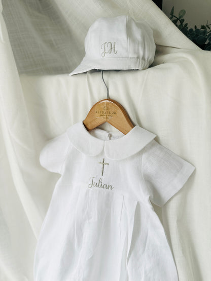 White Linen Unisex Baptism Gown 3/4 length romper with detachable skirt