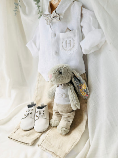 Boys white and beige linen set with vest, shirt, pants, suspenders and bowtie