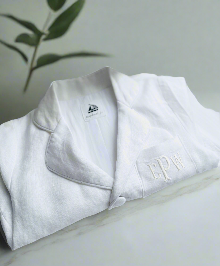White linen Baptism suit set with pants, shirt, suspenders and bowtie plus optional extras