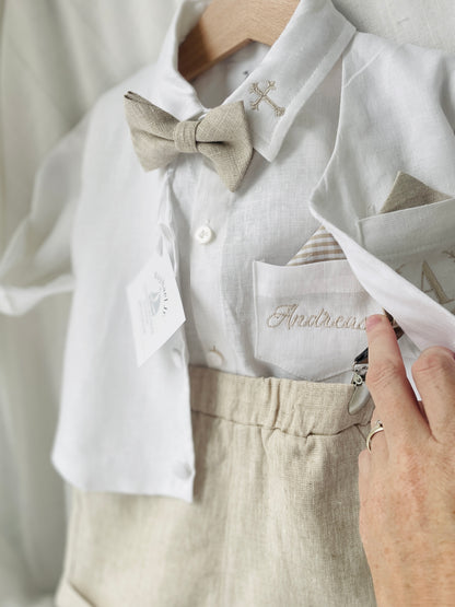 Boys white and beige linen Baptism and Wedding Outfit with vest, shirt, shorts, suspenders and bow tie