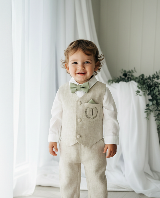 Beige Linen vest suit, shirt, pants, suspenders and bowtie plus optional jacket, cap and shoes