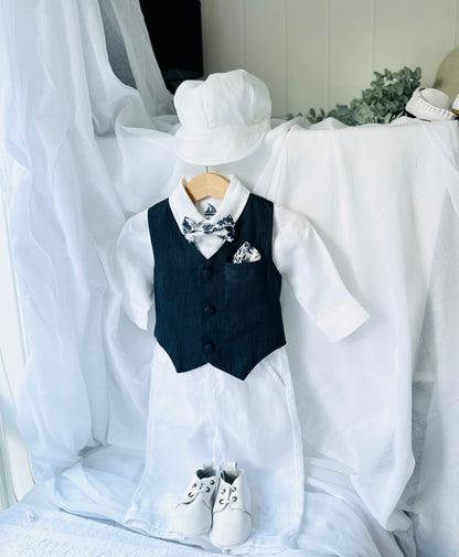 Boys Navy blue vest with white linen suit set