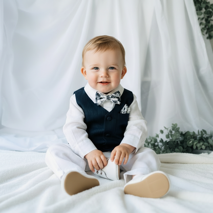 Boys Navy blue vest with white linen suit set