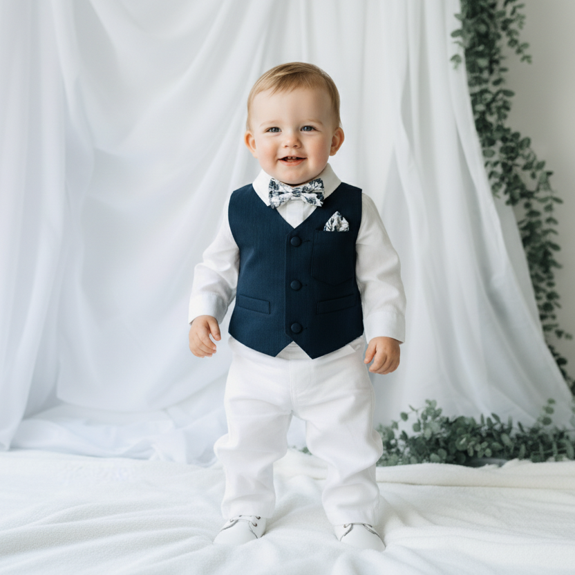 Boys Navy blue vest with white linen suit set