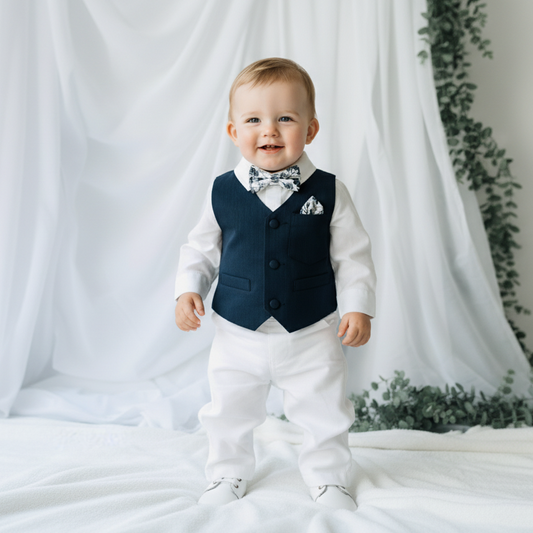 Boys Navy blue vest with white linen suit set