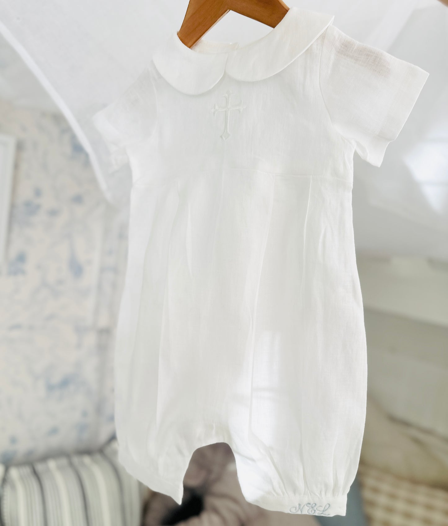 White Linen Unisex Baptism Gown 3/4 length romper with detachable skirt