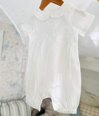 White Linen Unisex Baptism Gown 3/4 length romper with detachable skirt