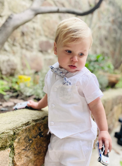 White linen Baptism vest set with shirt, suspender shorts, bowtie and optional embroidery cap and shoes