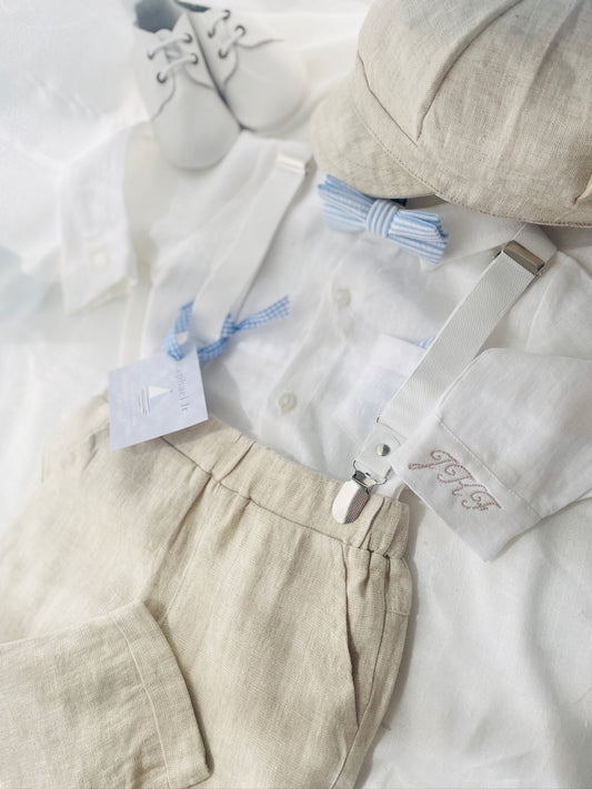 Beige and blue set with pants, shirt, suspenders and bow tie plus optional jacket, embroidery, shoes and cap