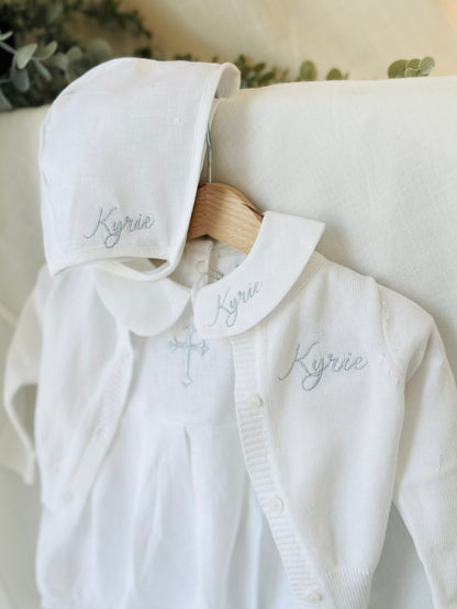 White cotton Baptism christening cardigan sweater with optional embroidery