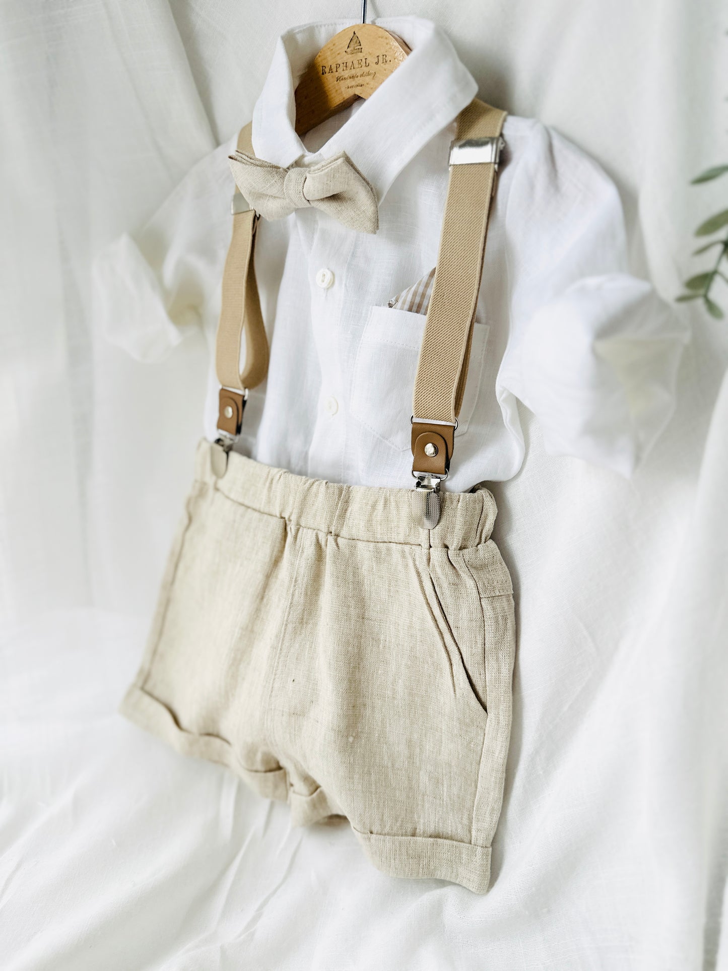 Beige Linen Baptism outfit with suspender shorts, shirt, and bow tie plus optional jacket and embroidery