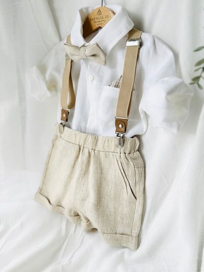 Beige Linen Baptism outfit with suspender shorts, shirt, and bow tie plus optional jacket and embroidery