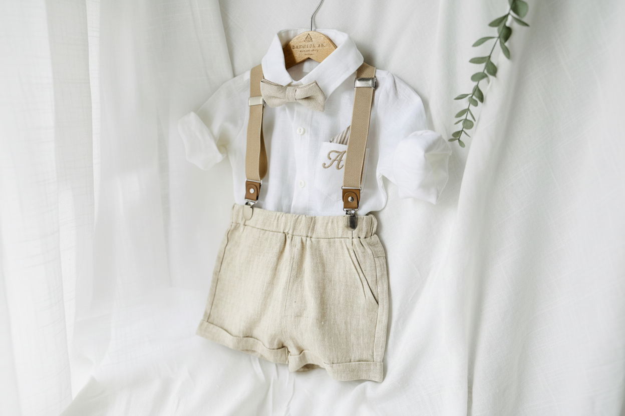 Beige Linen Baptism outfit with suspender shorts, shirt, and bow tie plus optional jacket and embroidery
