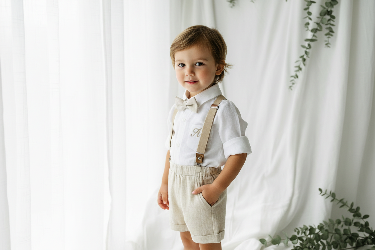 Beige Linen Baptism outfit with suspender shorts, shirt, and bow tie plus optional jacket and embroidery