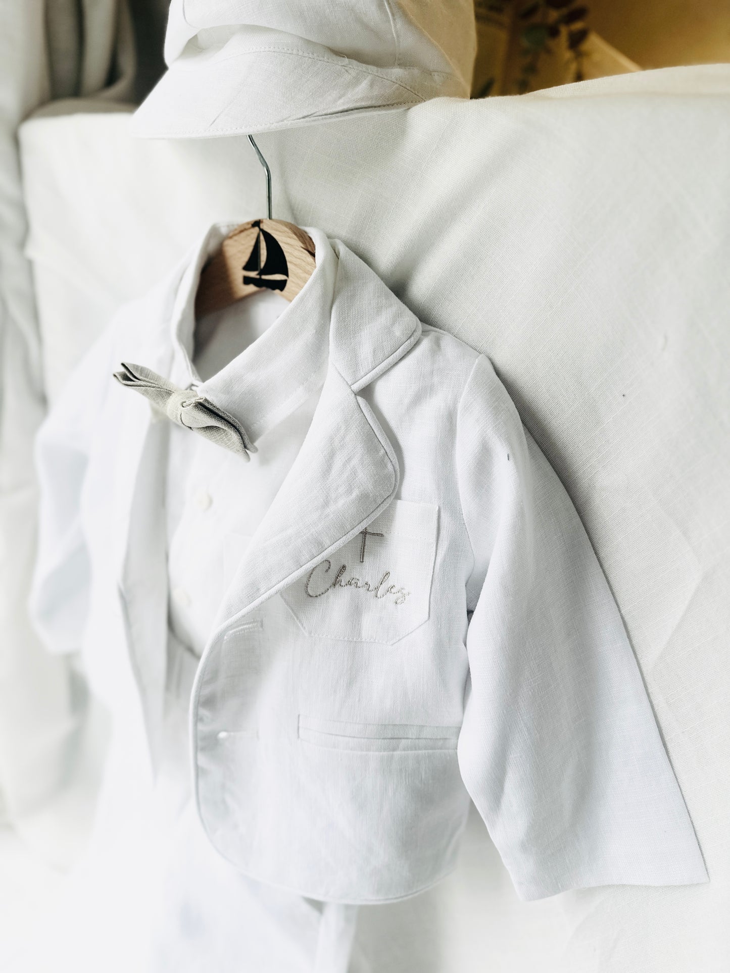 White linen Baptism suit set with pants, shirt, suspenders and bowtie plus optional jacket and extras