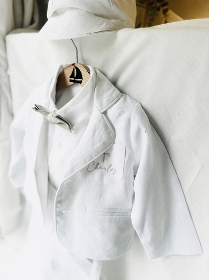 Boys white linen full 5 piece suit with vest, jacket, shirt, pants, suspenders and bow tie plus extras