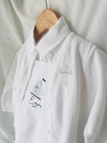 White linen Baptism romper overalls and linen shirt set