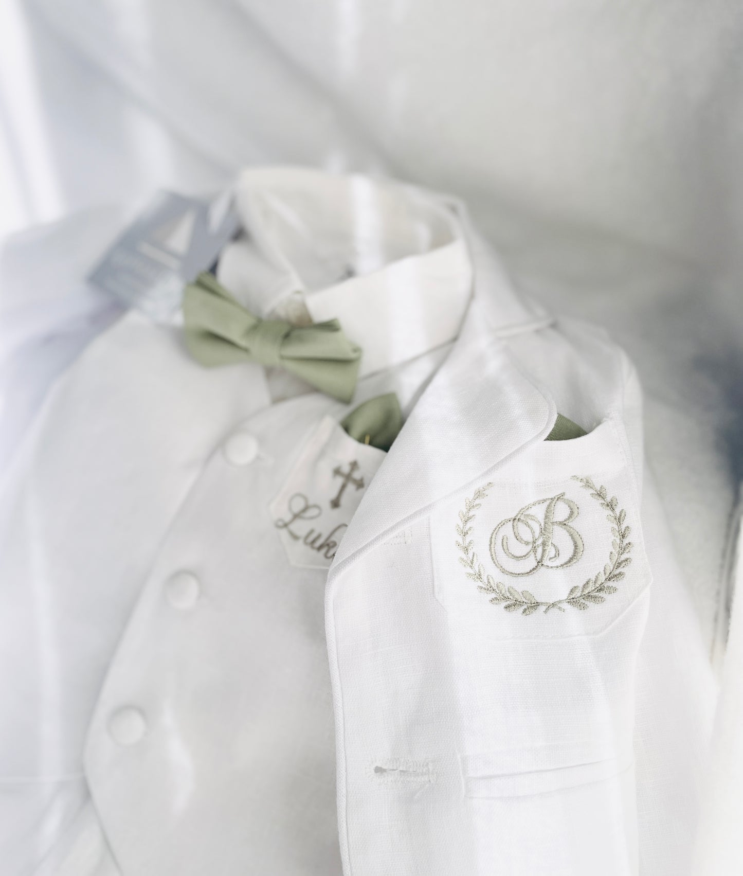 Boys white linen full length Baptism set with vest, shirt, pants, suspenders and bow tie
