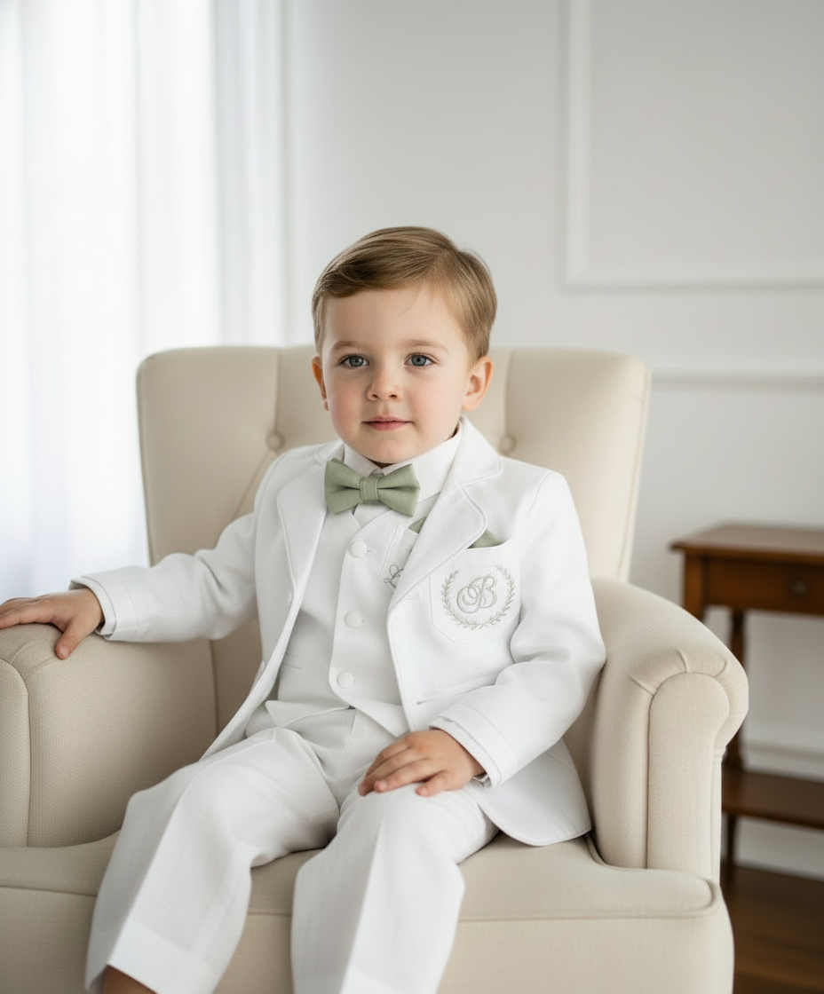 Boys white linen full length Baptism set with vest, shirt, pants, suspenders and bow tie