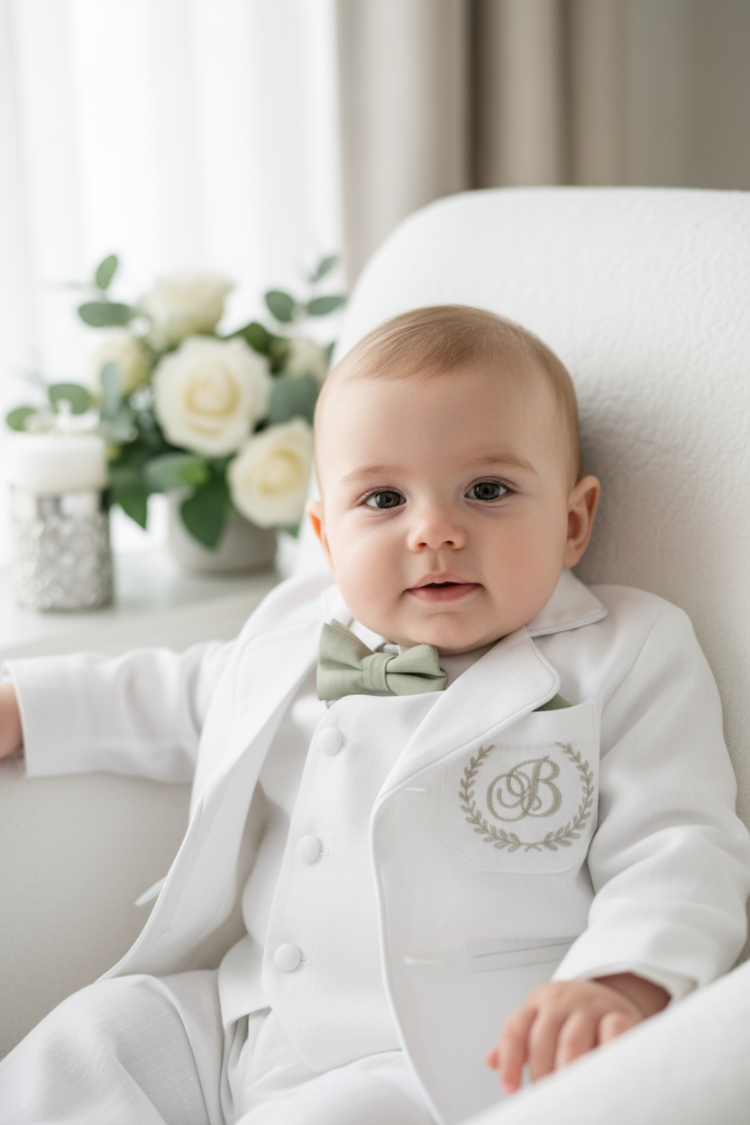 Boys white linen full 5 piece suit with vest, jacket, shirt, pants, suspenders and bow tie plus extras