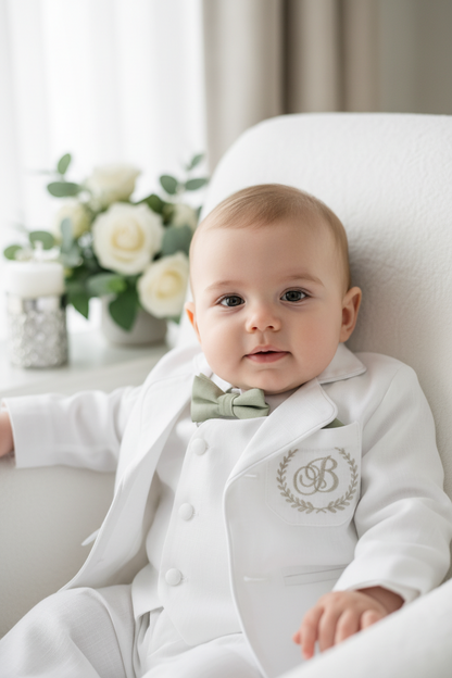 Boys white linen full 5 piece suit with vest, jacket, shirt, pants, suspenders and bow tie plus extras
