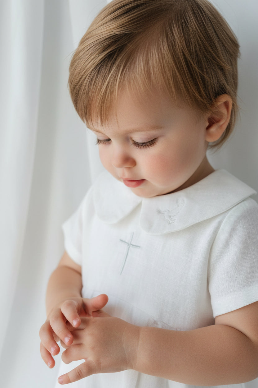 Linen Baptism 3/4 length jumpsuit romper with optional cardigan and embroidery