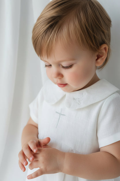 Linen Baptism 3/4 length jumpsuit romper with optional cardigan and embroidery