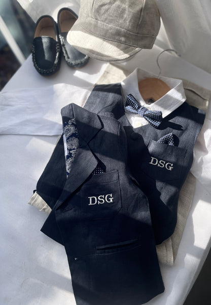 Navy blue linen suit with vest, pants, shirt, suspenders and bow tie plus optional jacket, embroidery, shoes and cap
