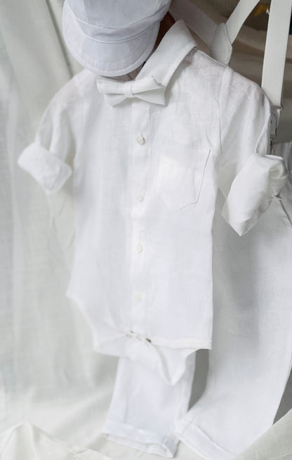 White linen Baptism Suit outfit with optional blue jacket and Accessories
