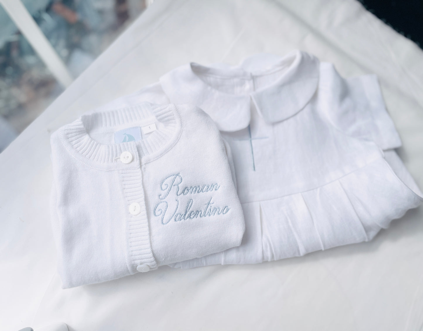 Linen Baptism peter pan collar romper outfit with optional embroidery customisation