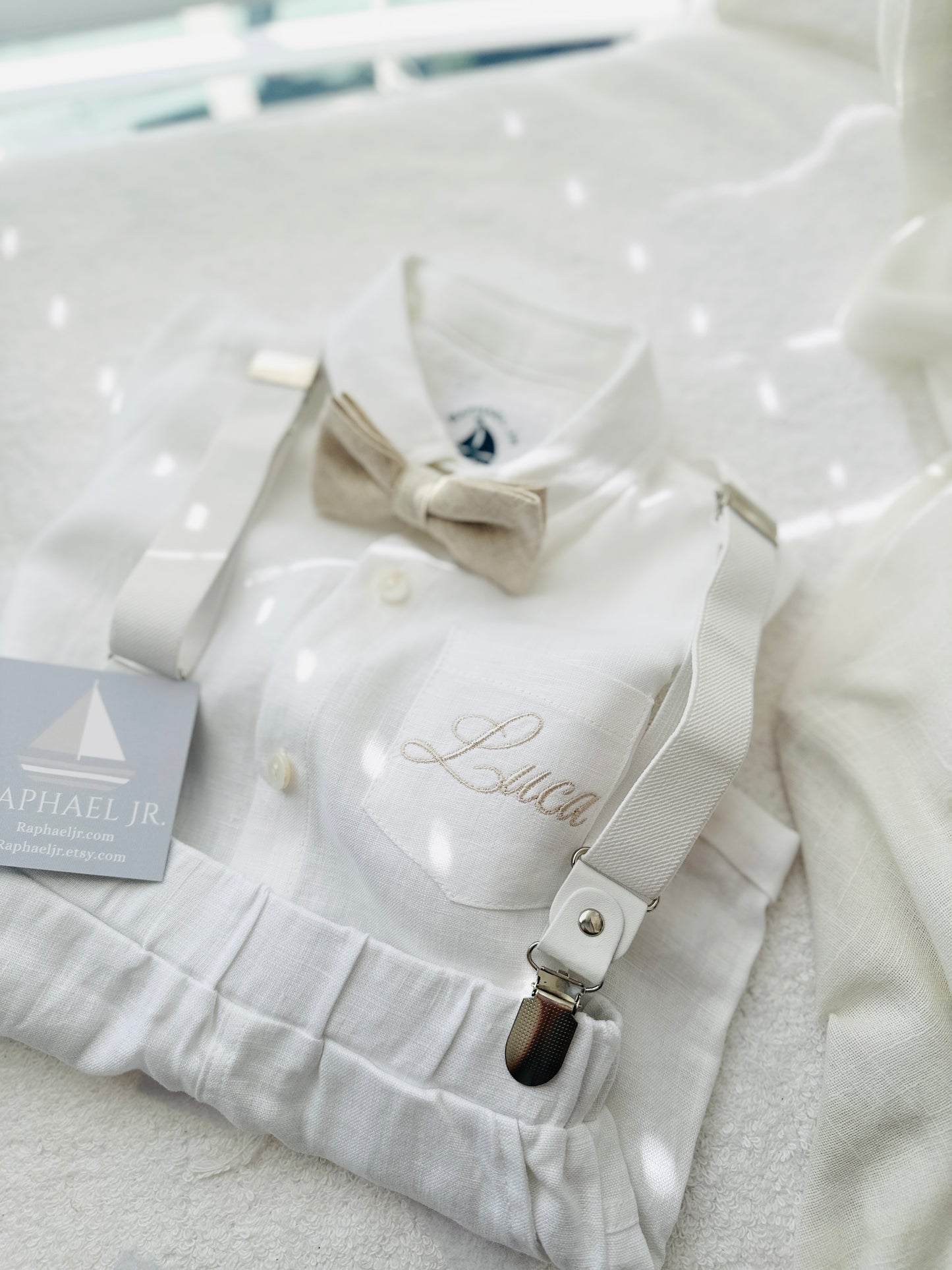 White linen summer Baptism outfit with suspender shorts, shirt, bowtie plus optional extras