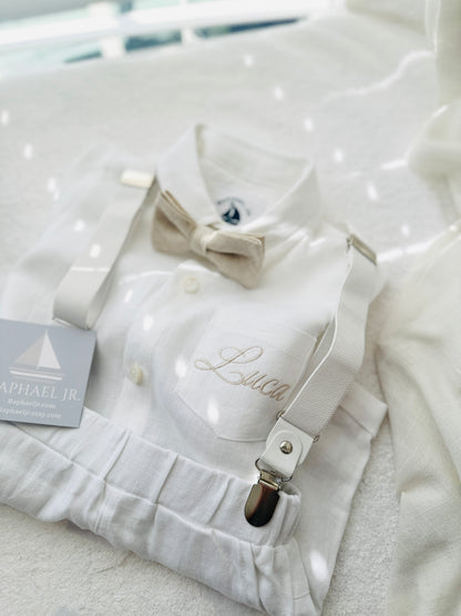 White linen summer Baptism outfit with suspender shorts, shirt, bowtie plus optional extras