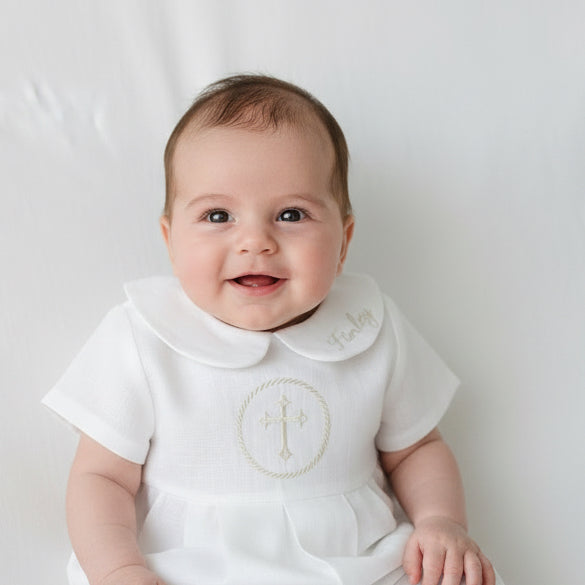 Linen Baptism peter pan collar bubble romper with optional embroidery customisation