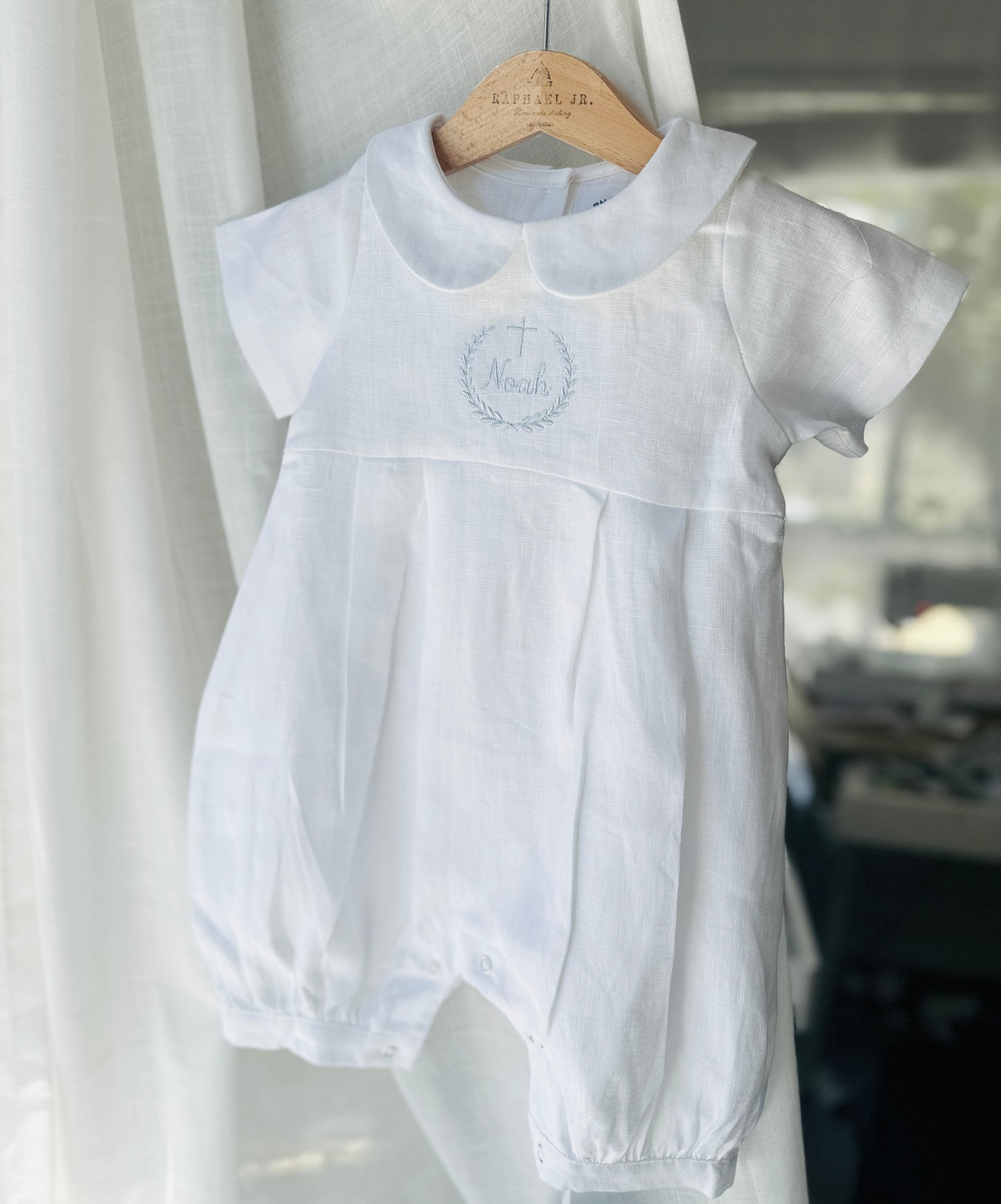 Linen Baptism romper dungaree jumpsuit with optional cardigan and embroidery
