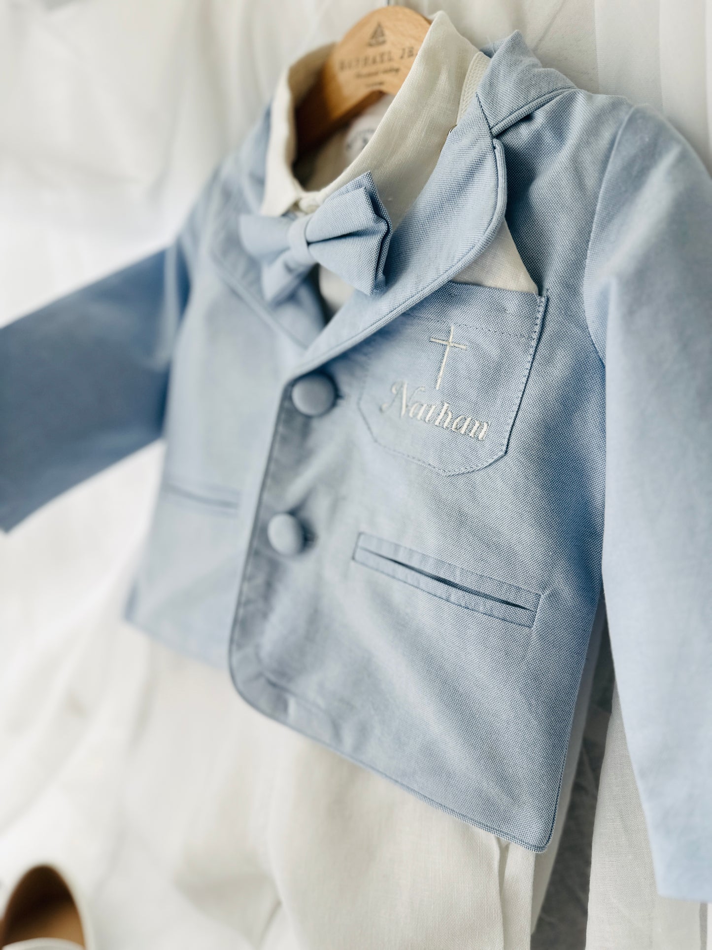 Boys Light blue suit with blue vest, bow tie optional jacket, plus white linen shirt and suspender pants