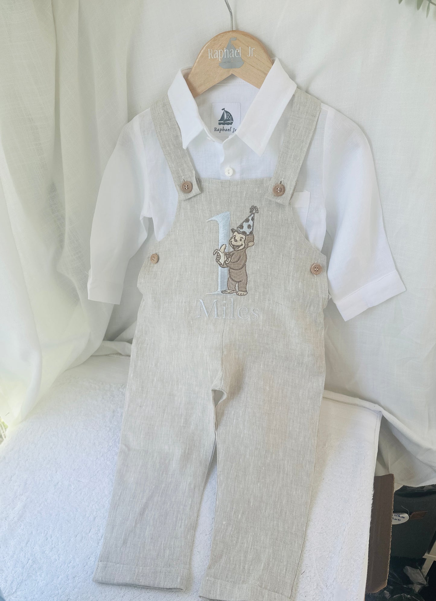 Boys Beige Linen Birthday overalls romper dungarees safari balloon fast car wild sea themes