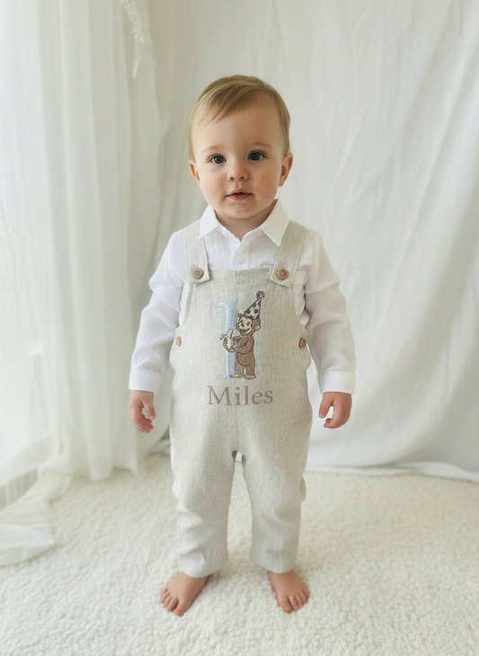Boys Beige Linen Birthday overalls romper dungarees safari balloon fast car wild sea themes