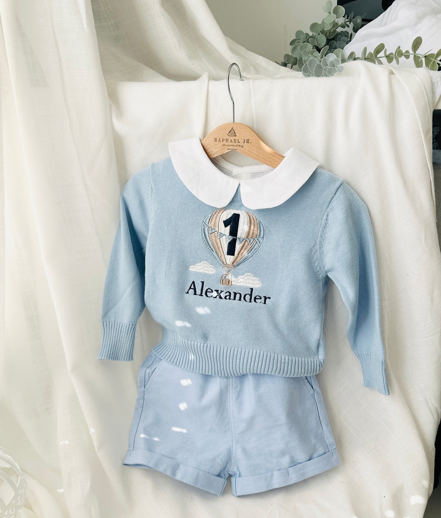 Baby blue cotton sweater with optional embroidery