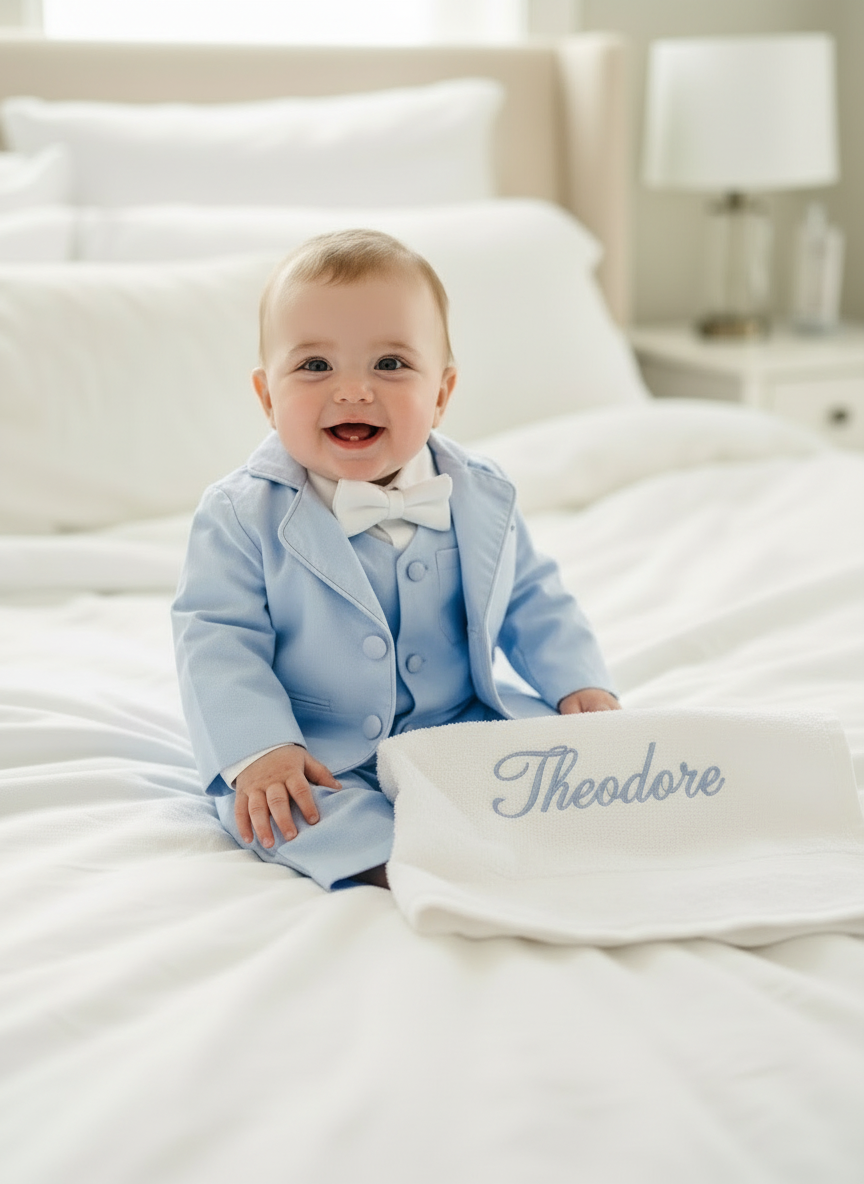 Baby and toddler boys pale blue chambray suit with blue vest, pants and jacket
