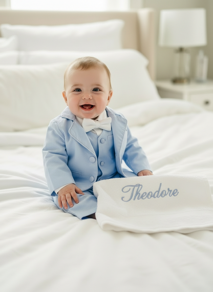 Baby and toddler boys pale blue chambray suit with blue vest, pants and jacket