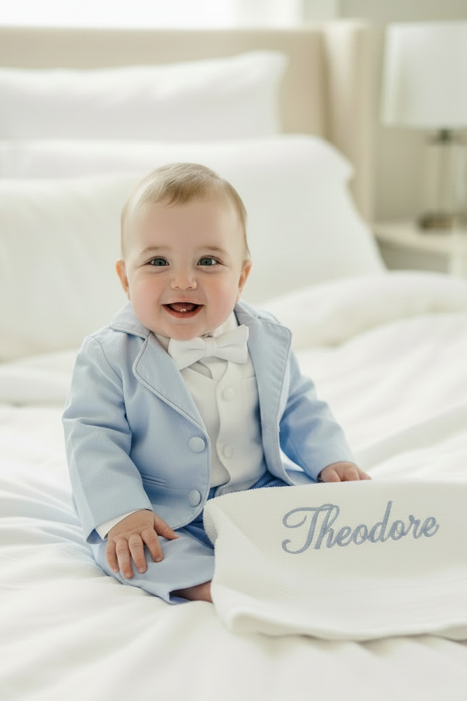 Pale Blue Suit with white linen vest and optional Jacket