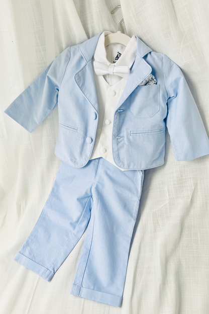 Pale Blue Suit with white linen vest and optional Jacket