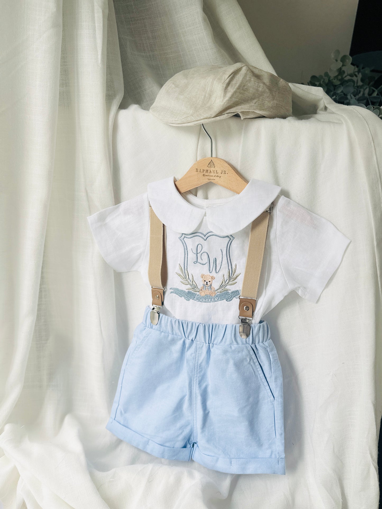 Blue and white linen Birthday and Baptism blouse with suspender shorts set