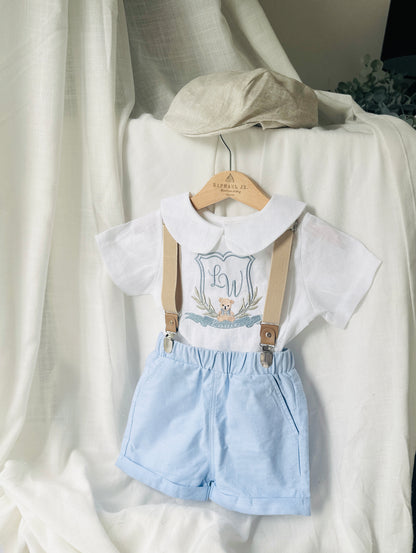 Blue and white linen first Birthday and Baptism blouse with suspender shorts set
